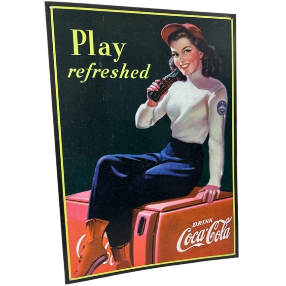 Vintage 1998 Coca-Cola Tin Sign Play Refreshed Coke Retro Soda Ad - Collectible - Picture 1 of 6